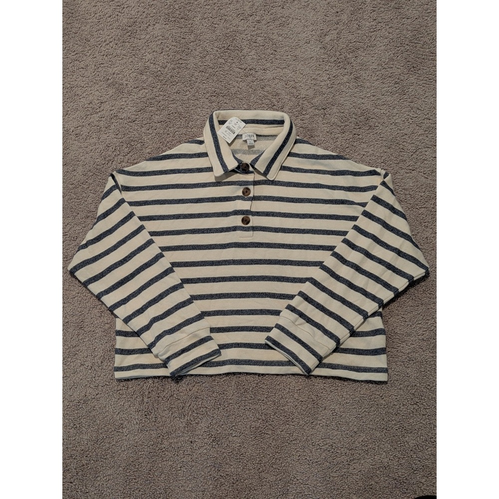J.Crew Factory Striped Collared Terry Sweatshirt Polo Women's Large NWT Cropped